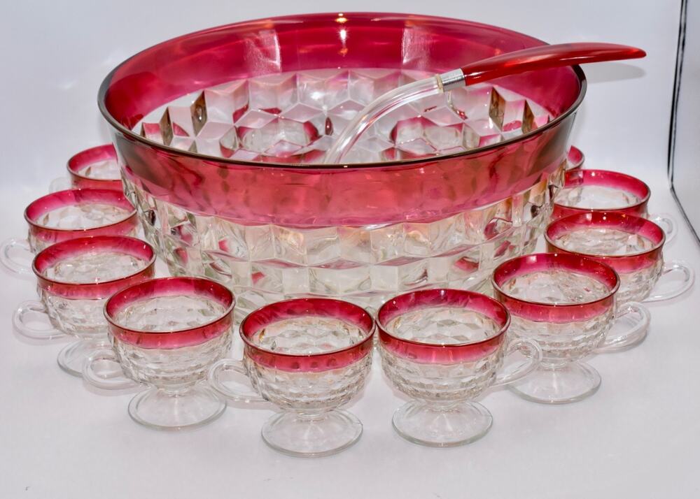 Faceted Punch Bowl 12 Cups & Ladle Whitehall Ruby Flash Crystal by COLONY